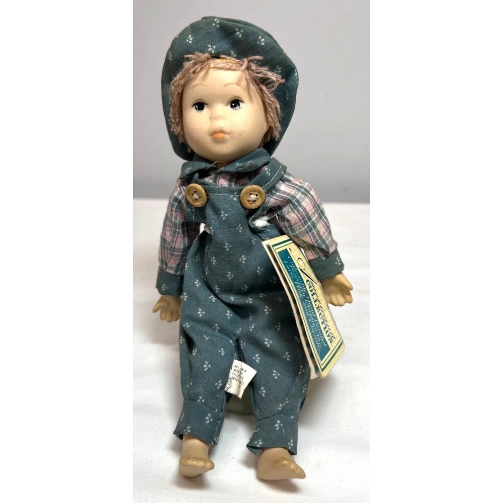 Collectible Hand Painted Porcelain Doll In Overalls & Plaid Shirt